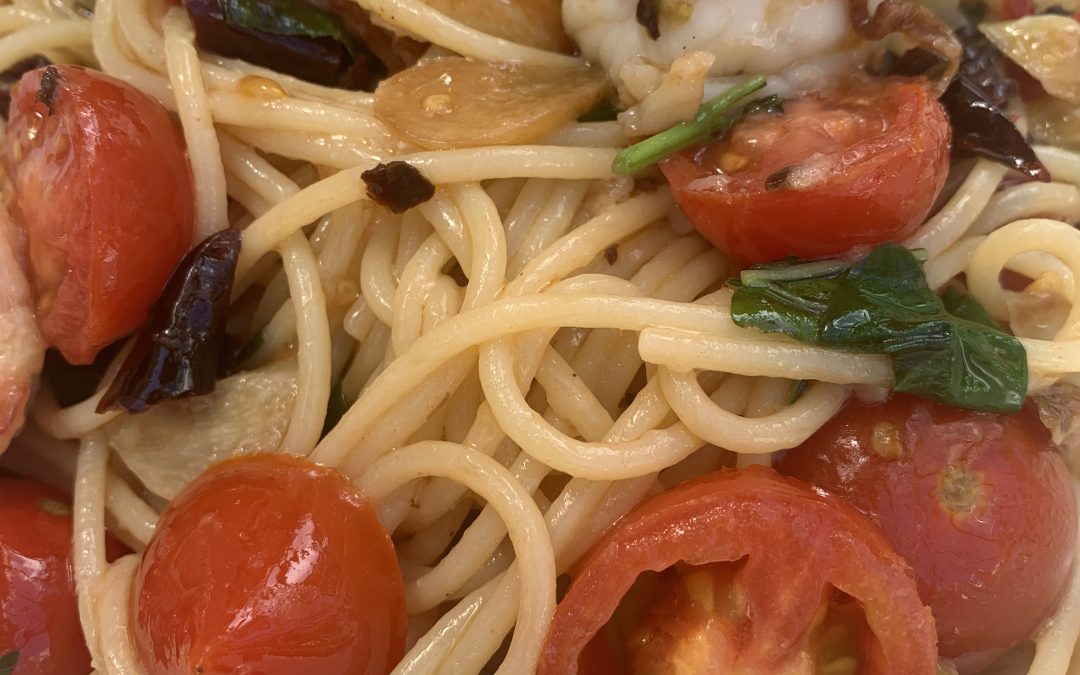 Spaghetti Tiger Prawns with fresh cherry tomatoes